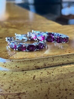 Natural Rhodolite Garnet Sterling Silver Hoop Earrings